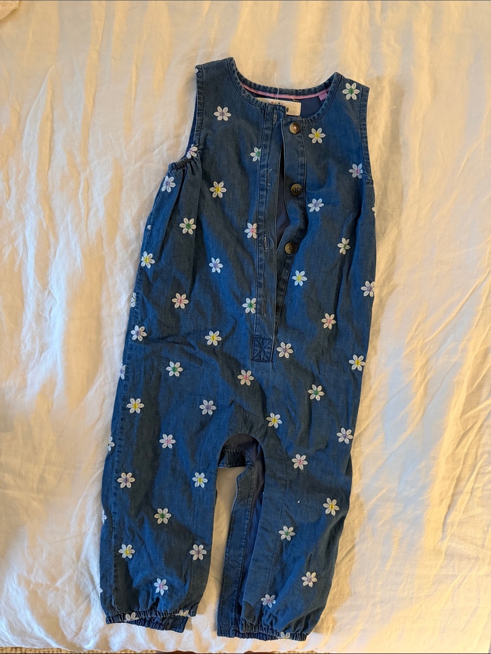 Baby Boden Blue Denim Floral-Embroidered Overalls